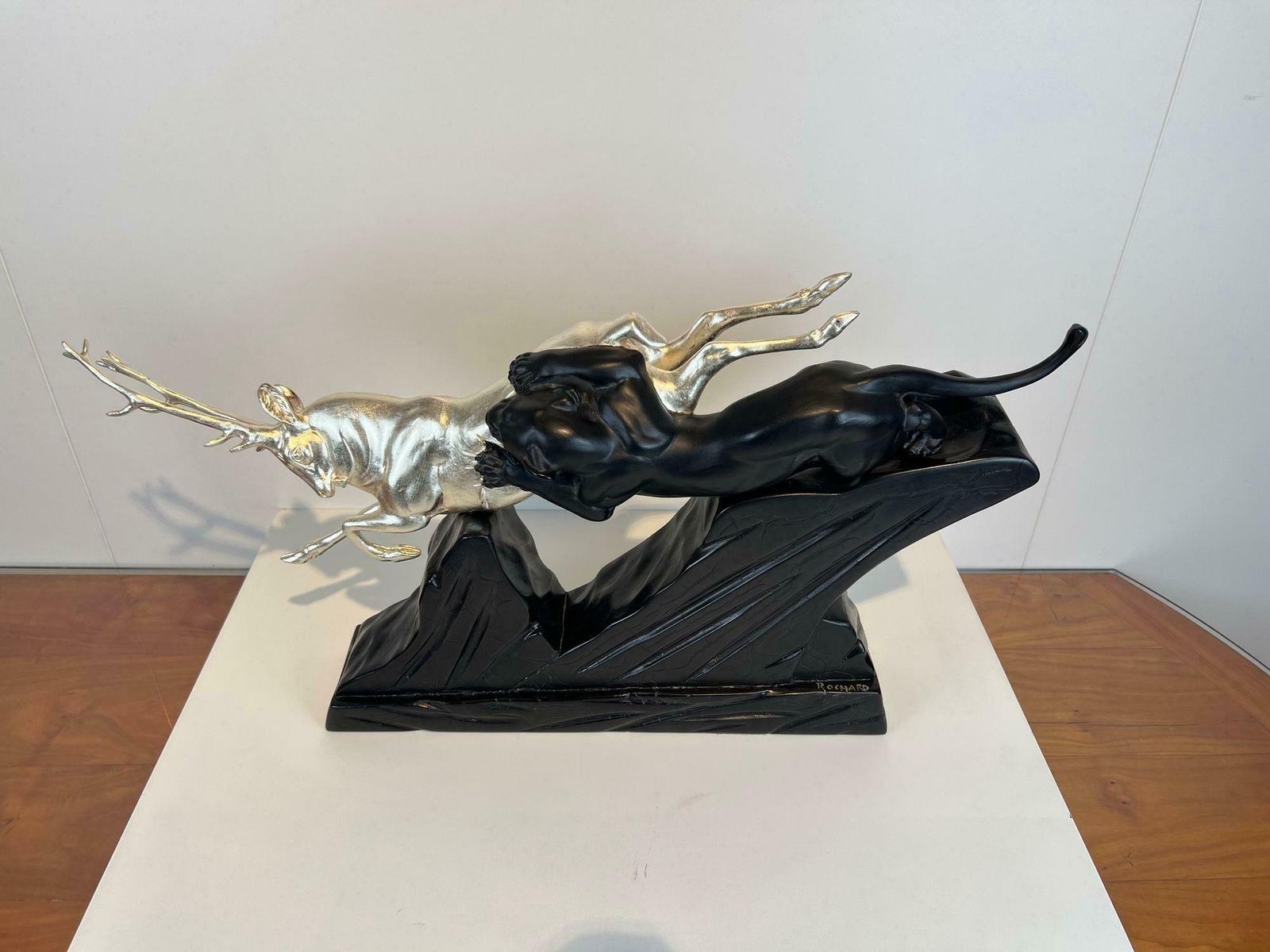 Art Deco Sculpture Of A Deer And Panther By Rochard, White Gold, France C. 1930 photo vinterior