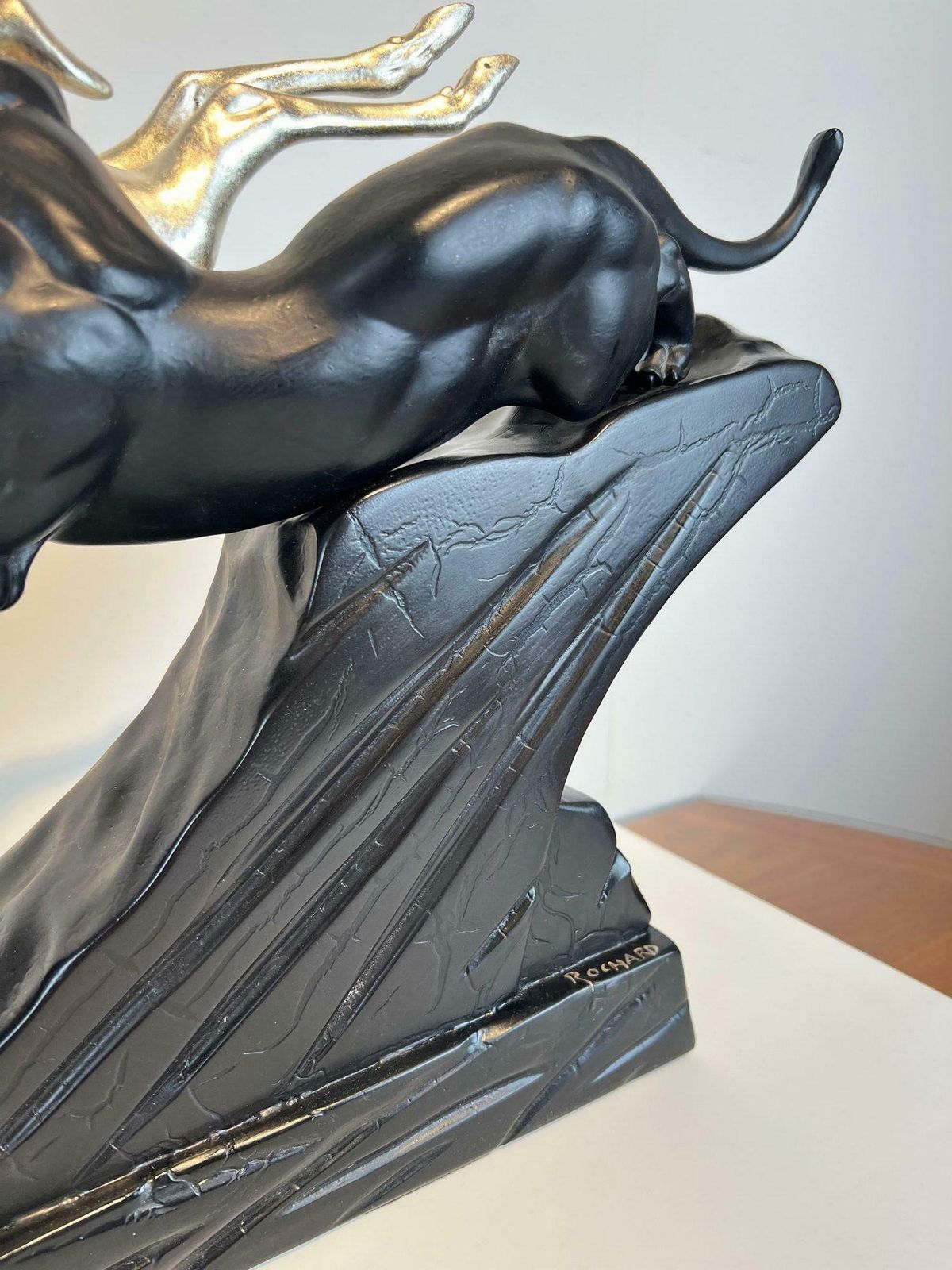 Art Deco Sculpture Of A Deer And Panther By Rochard, White Gold, France C. 1930 photo vintage