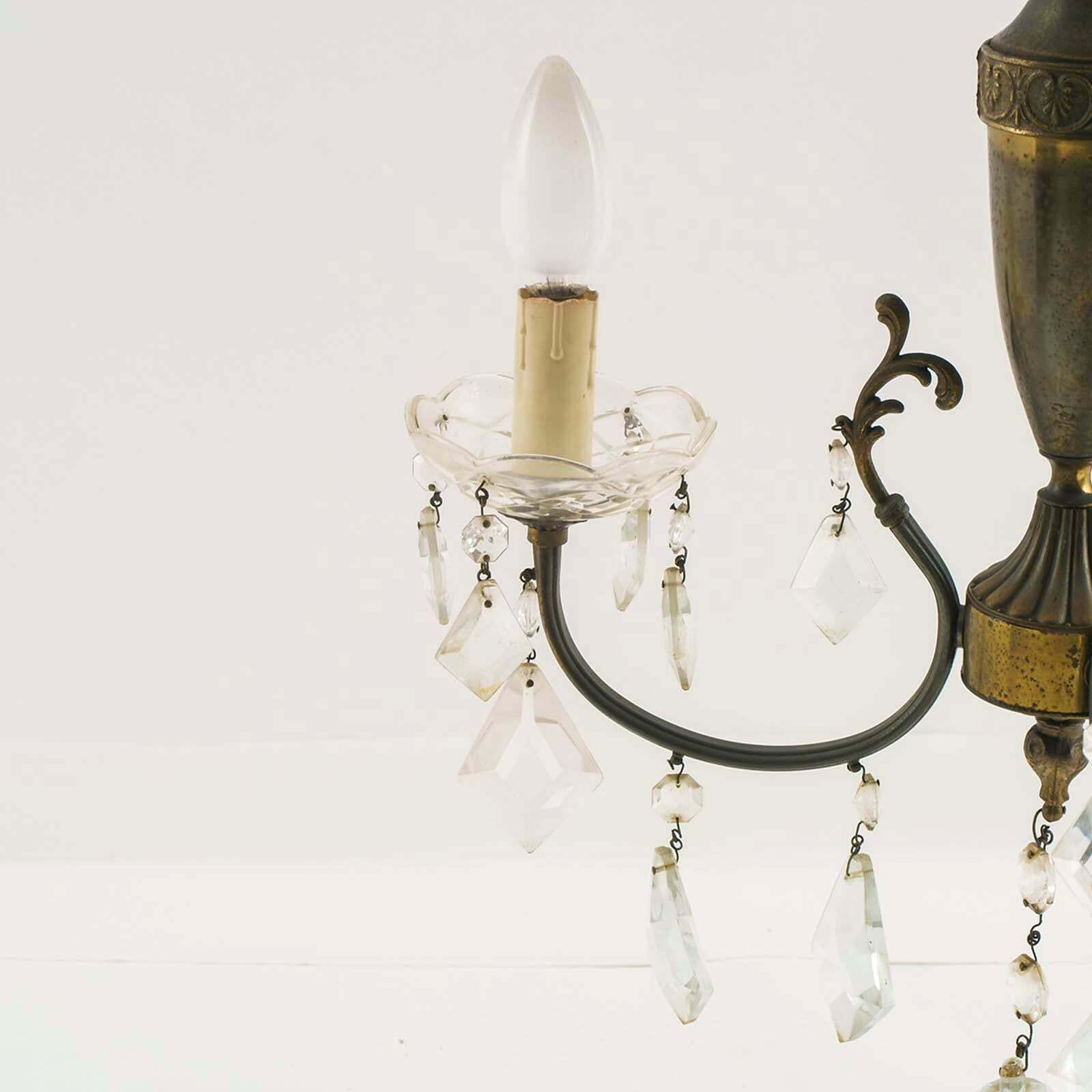 1940s Art Deco Burnished Brass Chandelier Three Lights Swarovsky Pendants photo for sale