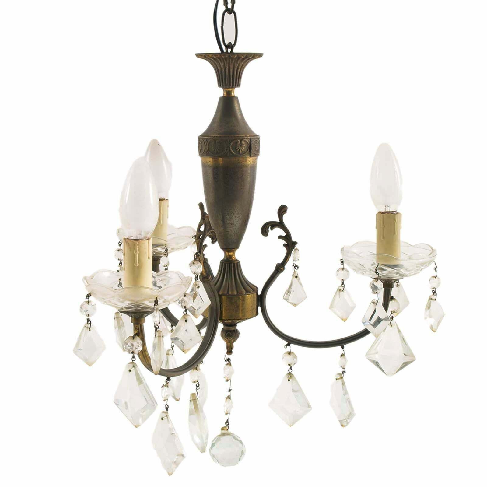 1940s Art Deco Burnished Brass Chandelier Three Lights Swarovsky Pendants photo vinterior