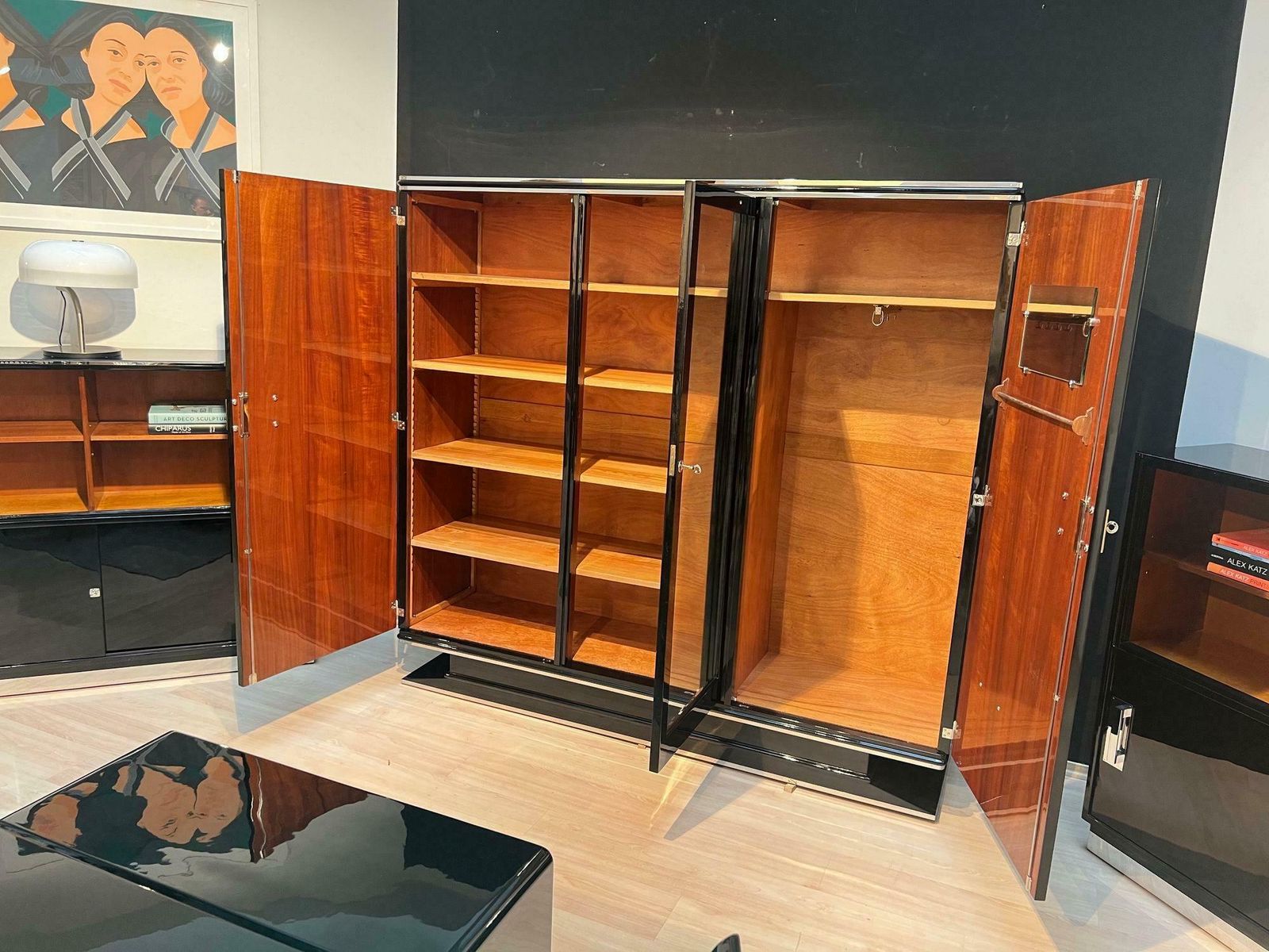Art Deco Wardrobe Armoire, Black Lacquer, Mahogany, Chrome, France Circa 1930 photo for sale