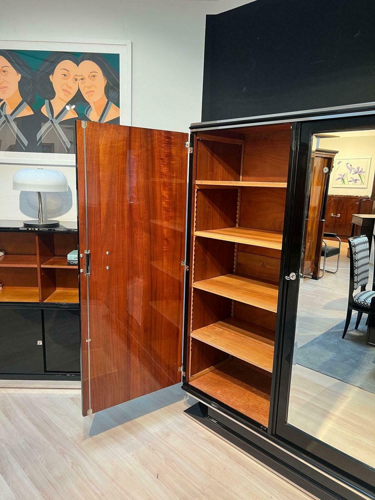 Art Deco Wardrobe Armoire, Black Lacquer, Mahogany, Chrome, France Circa 1930 photo vintage