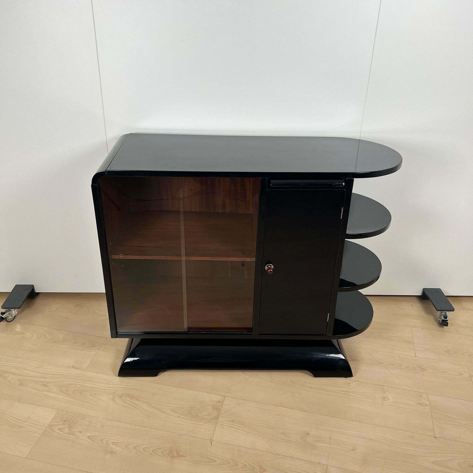 Art Deco Half Cabinet, Black Lacquer, Mahogany, France Circa 1930 photo for sale