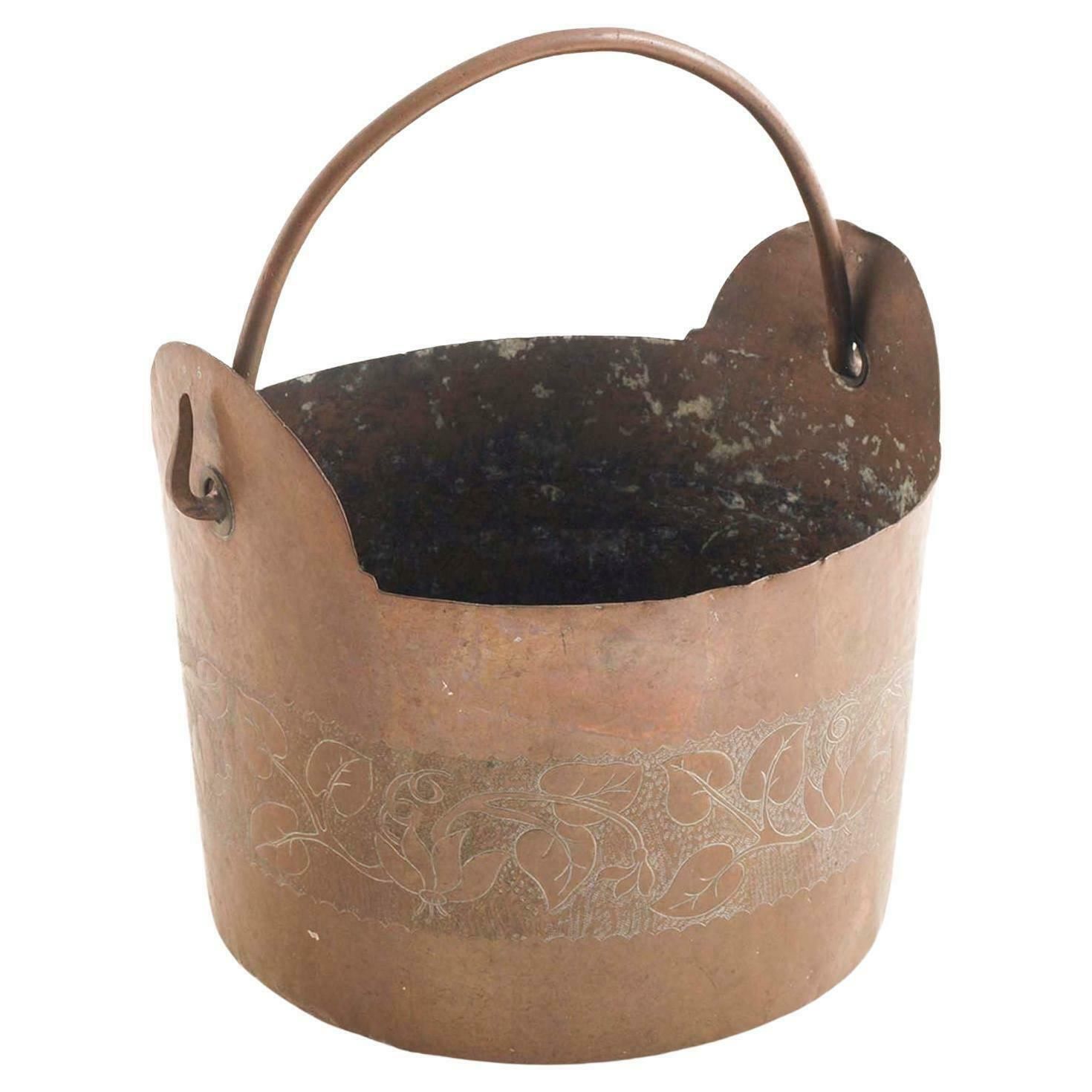 Late 18th Century Art Nouveau Tuscany Copper Bucket Embossed And Hand Engraved