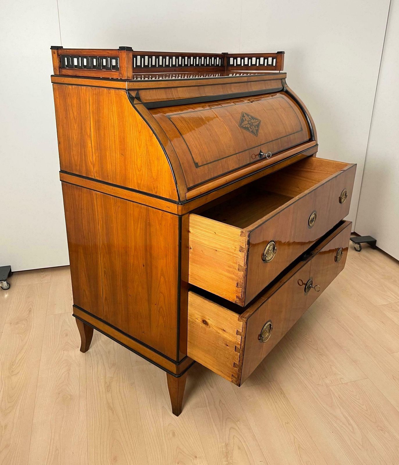 Biedermeier Roll Top Desk, Cherry Veneer, Brass, Ink, South Germany Circa 1820 photo 8550.0