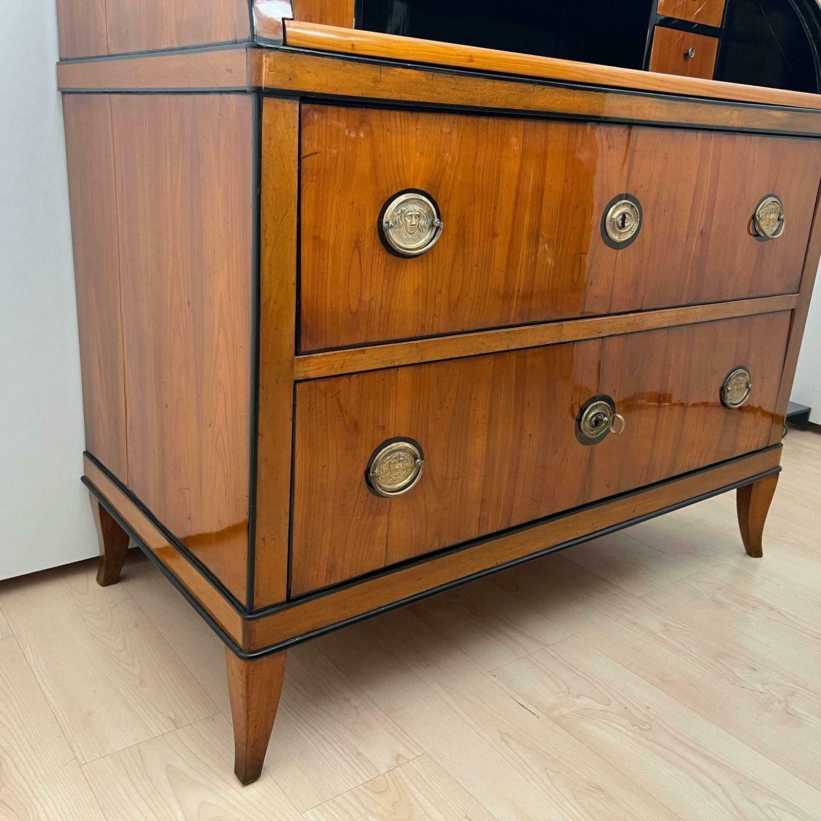 Biedermeier Roll Top Desk, Cherry Veneer, Brass, Ink, South Germany Circa 1820 photo vintage