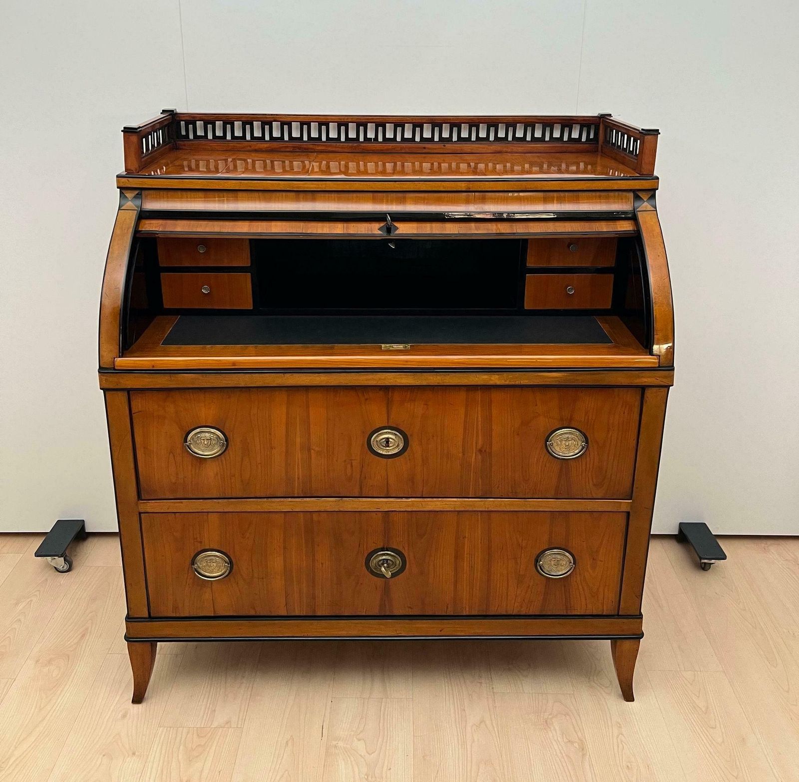 photo furniture Biedermeier Roll Top Desk, Cherry Veneer, Brass, Ink, South Germany Circa 1820