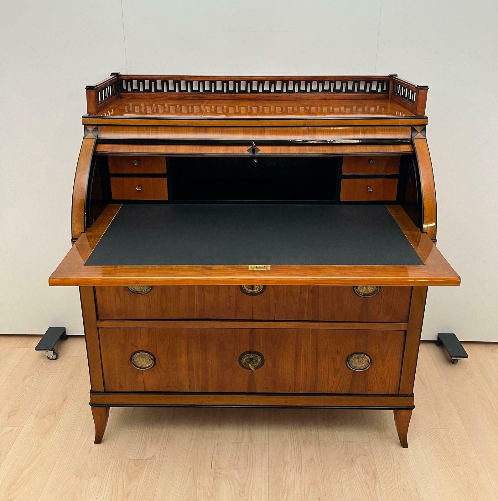 photo for sale Biedermeier Roll Top Desk, Cherry Veneer, Brass, Ink, South Germany Circa 1820