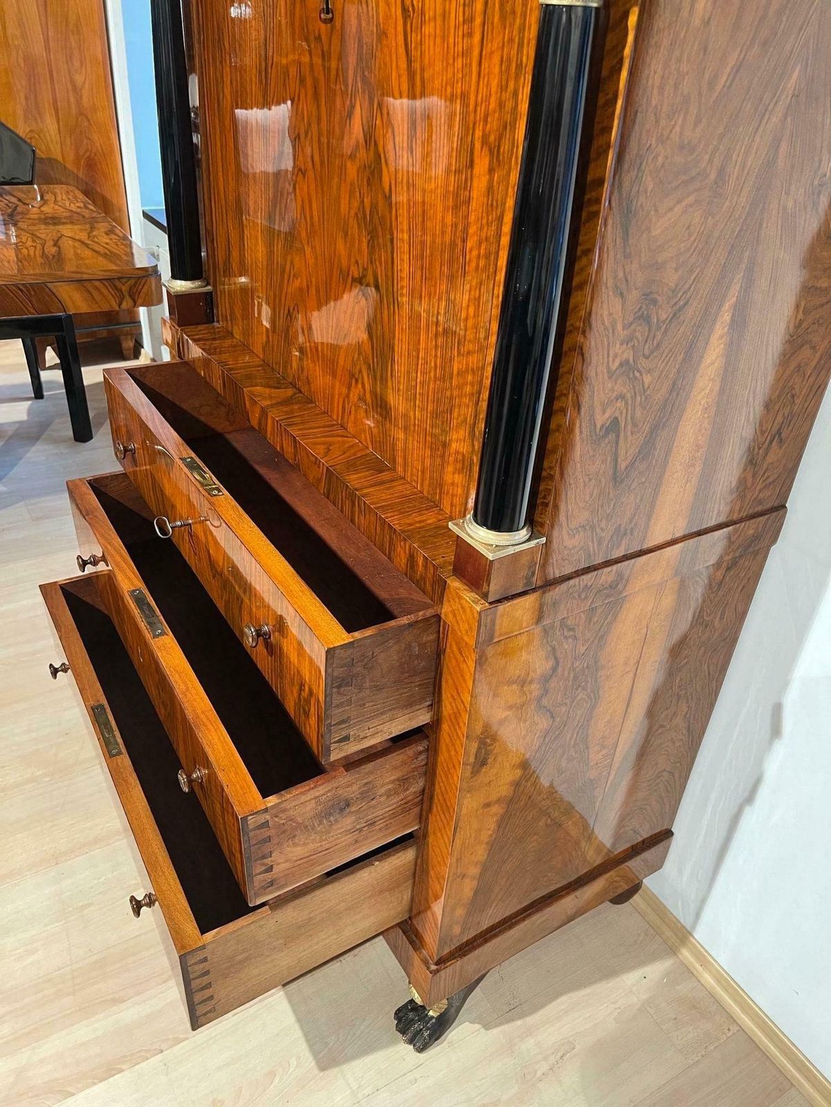 photo furniture Biedermeier Secretaire, Walnut, Maple, Paw Feet, Austria Circa 1820