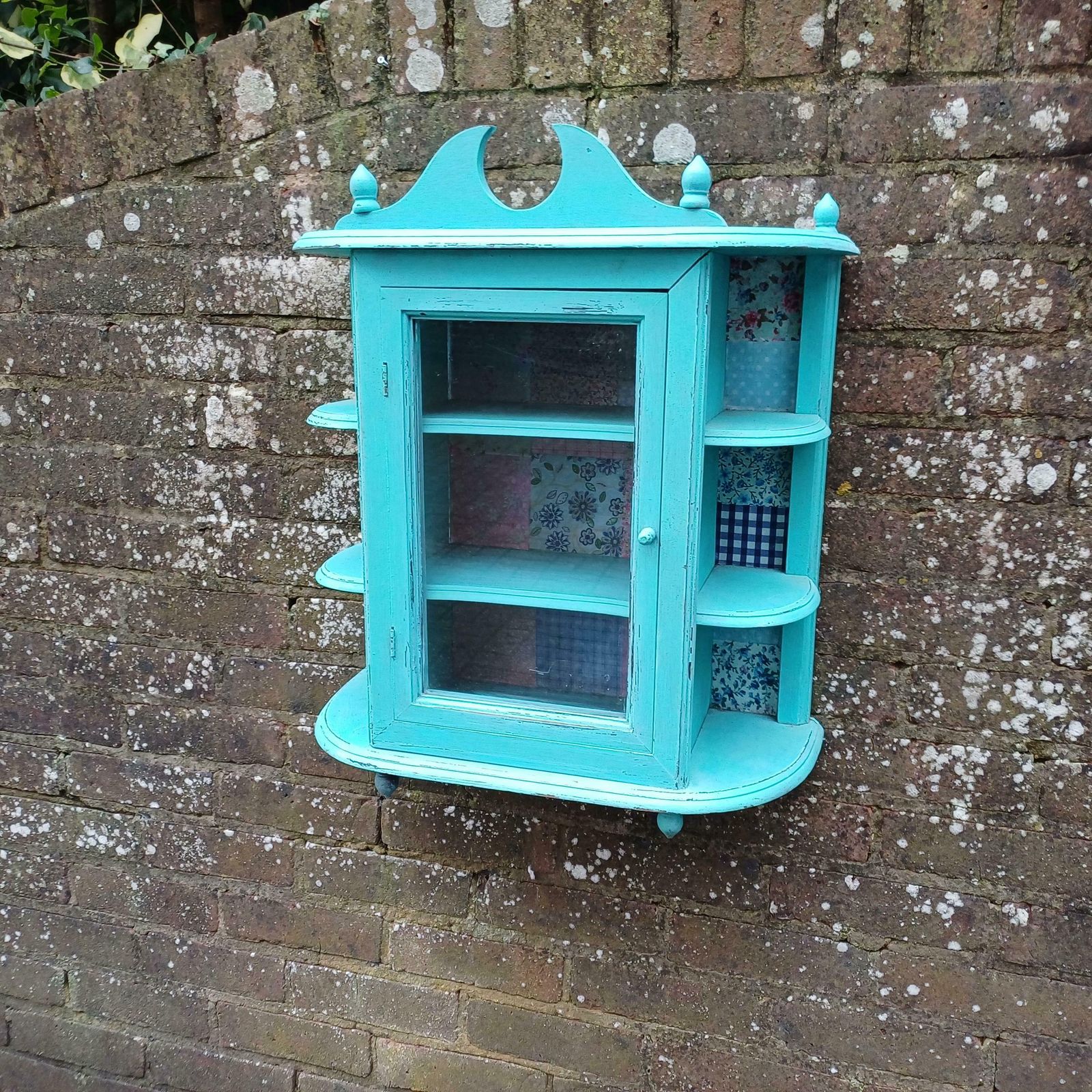 Bespoke Upcycled Glazed Display Cupboard In Turquoise With Decoupage Decoration Shabby Chic Chintz.