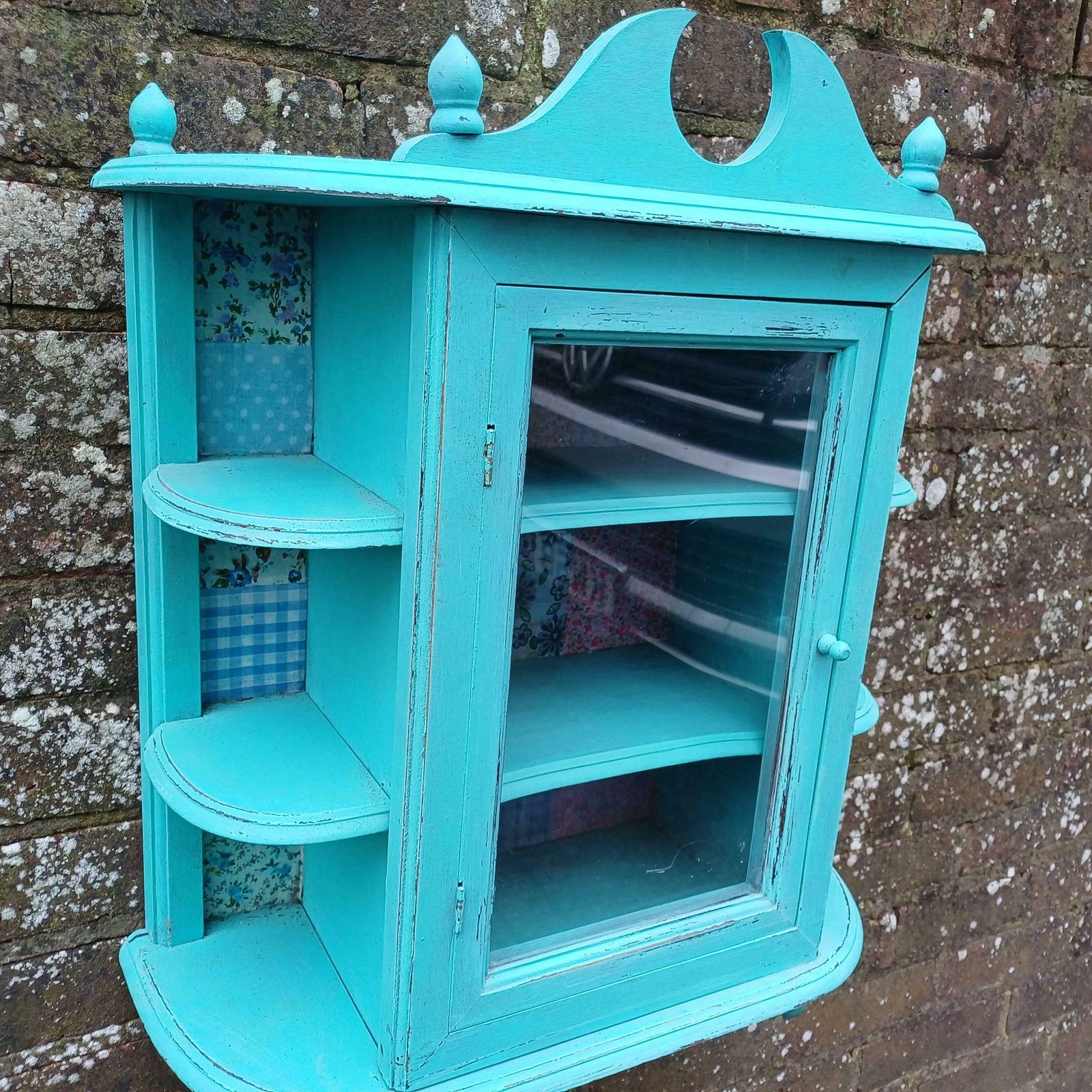 Bespoke Upcycled Glazed Display Cupboard In Turquoise With Decoupage Decoration Shabby Chic Chintz. photo 195.0