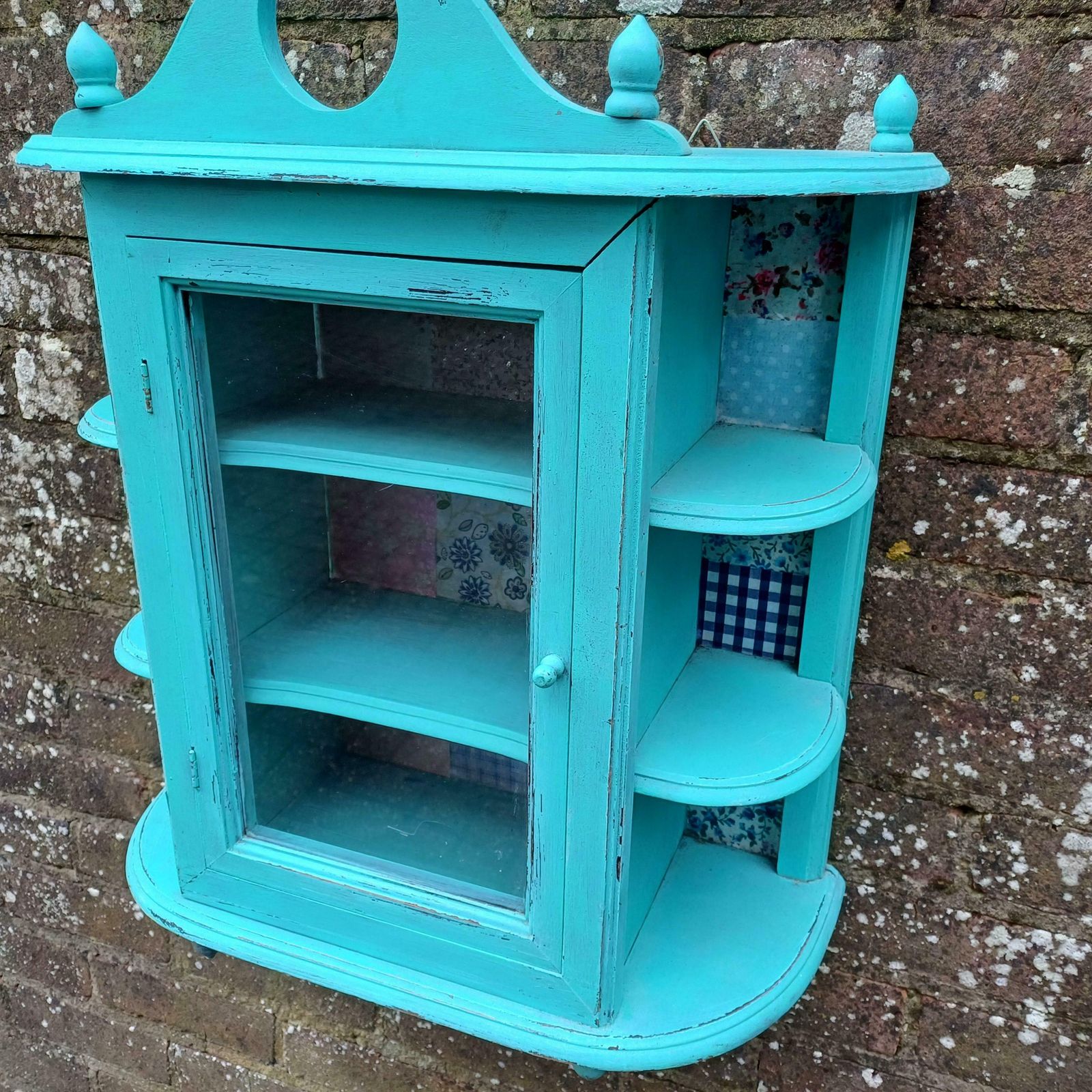 Bespoke Upcycled Glazed Display Cupboard In Turquoise With Decoupage Decoration Shabby Chic Chintz. photo vinterior