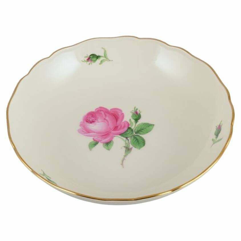Meissen, Germany. Large Porcelain Bowl With Pink Rose And Gold Rim.
