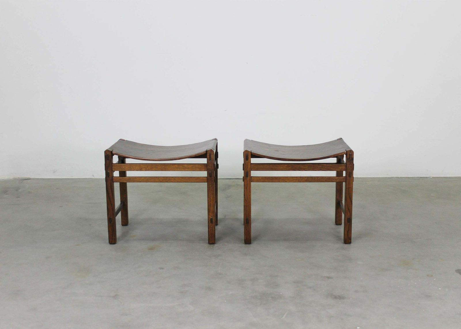 Giuseppe Rivadossi Set Of Two Stools In Oak Wood By Officina Rivadossi 1970s photo for sale