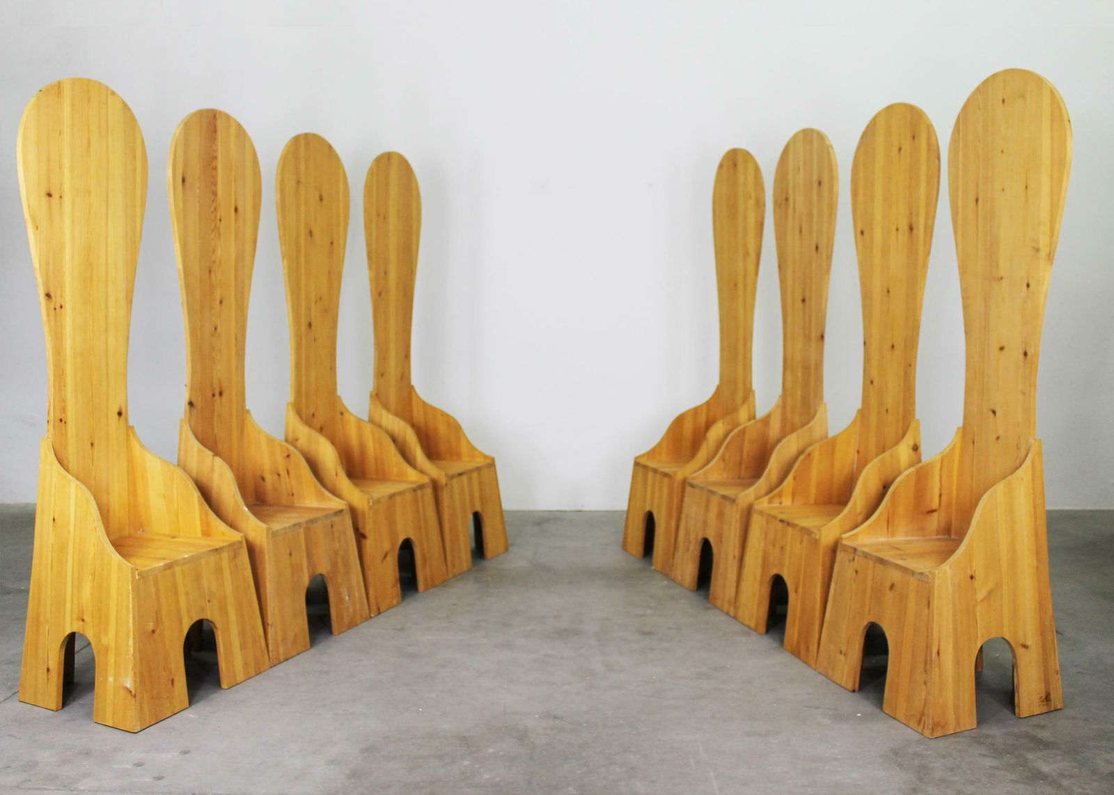 Mario Ceroli Set Of Eight Fratina High Chair In Pine By Poltronova 1972 photo for sale