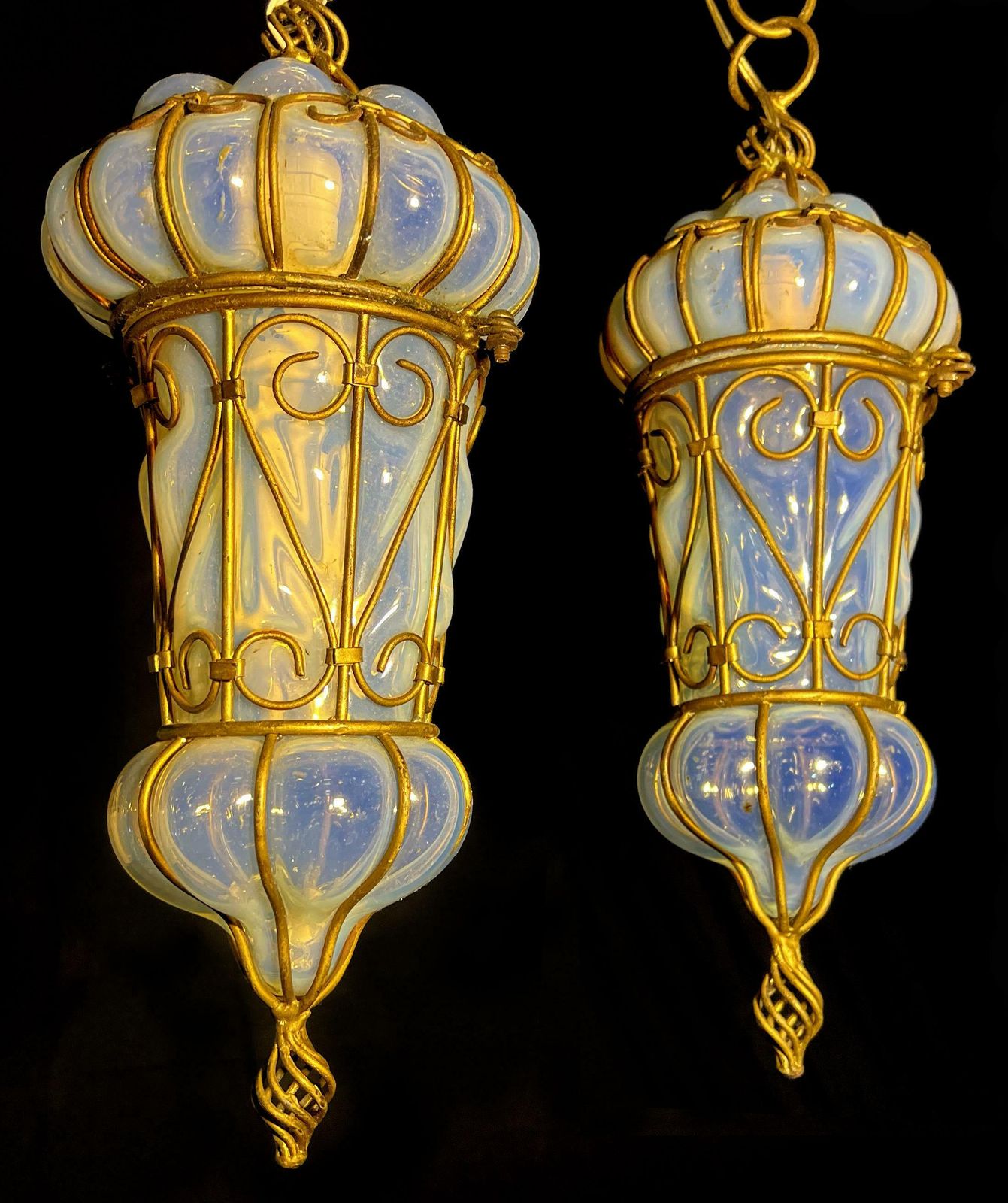 Charming Pair Of Venetian Opal Glass Lanterns And Sconce, Murano, 1950 photo for sale