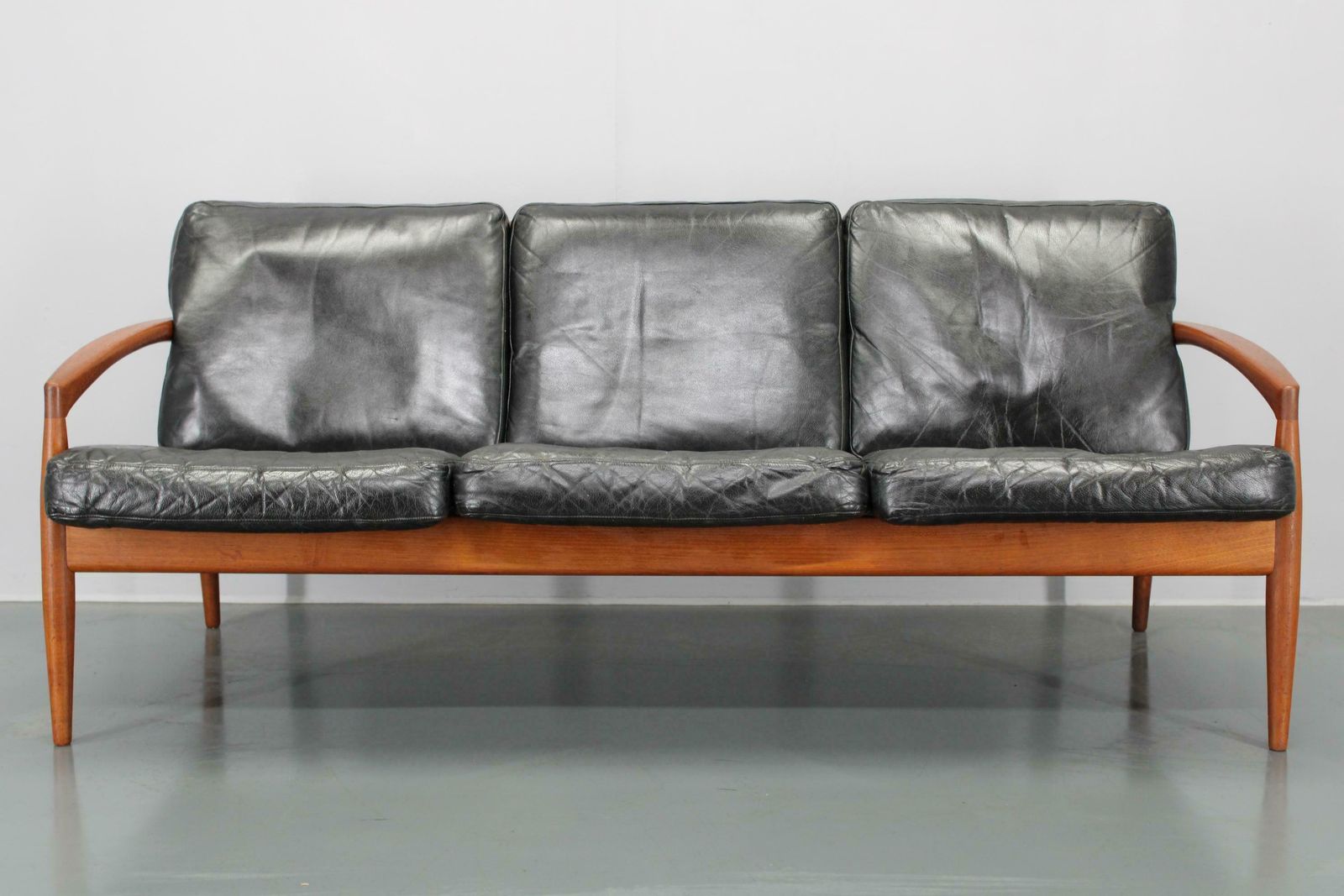 1960s Kai Kristiansen Paper Knife 3 Seater Teak Sofa In Leather , Denmark photo for sale