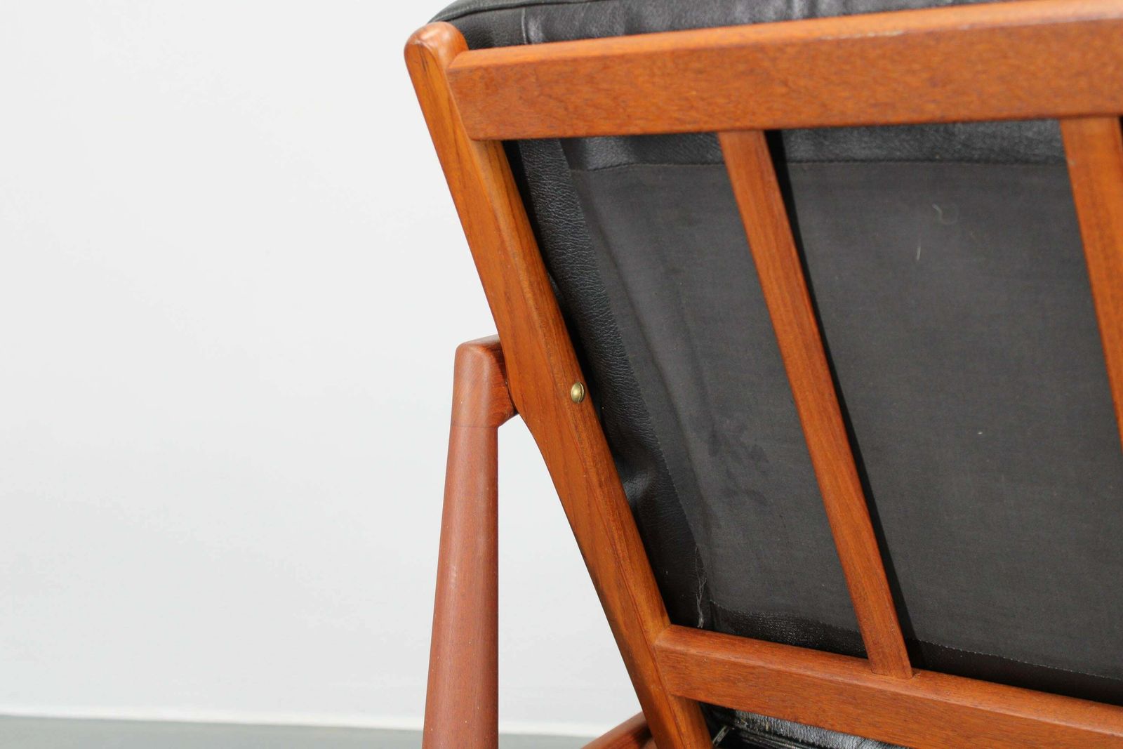 photo for sale 1960s Kai Kristiansen Paper Knife 3 Seater Teak Sofa In Leather , Denmark