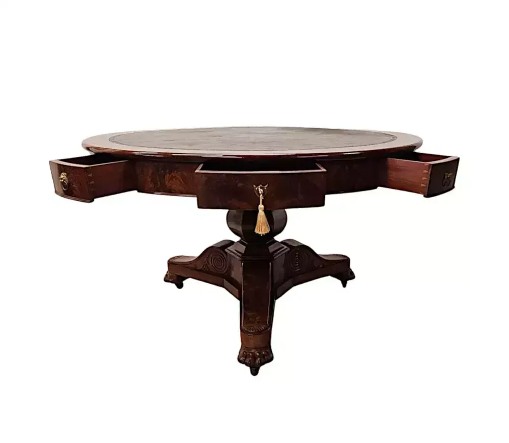 A Very Rare Large 19th Century Flame Mahogany Leather Top Drum Centre Table photo vinterior