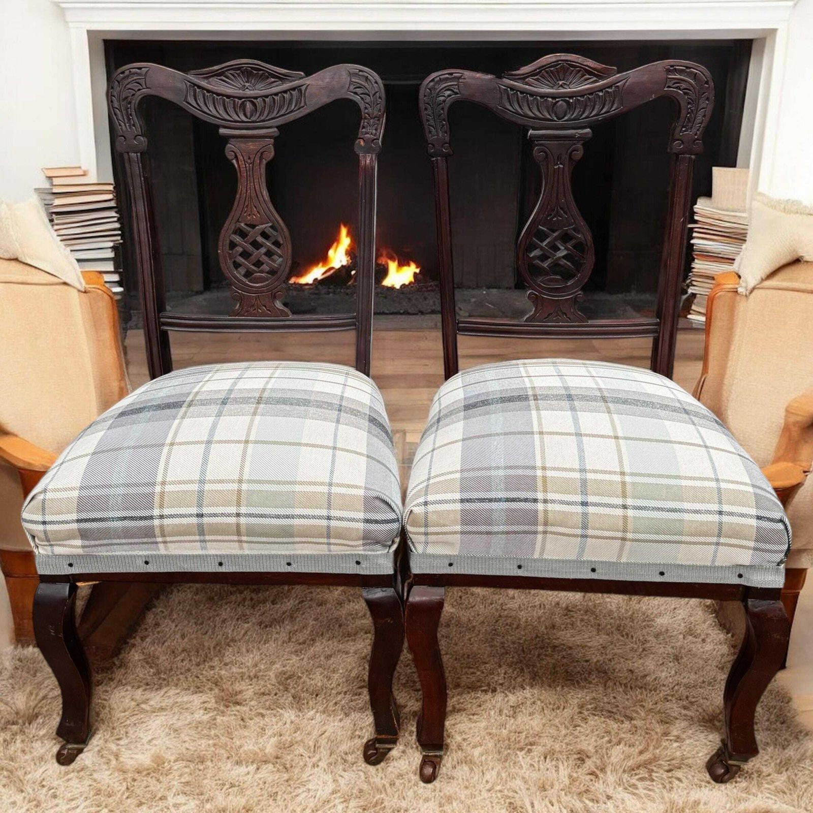 Antique Victorian Bedroom Chairs C1870 / Legs With Castors / New Upholstery / Set Of 2