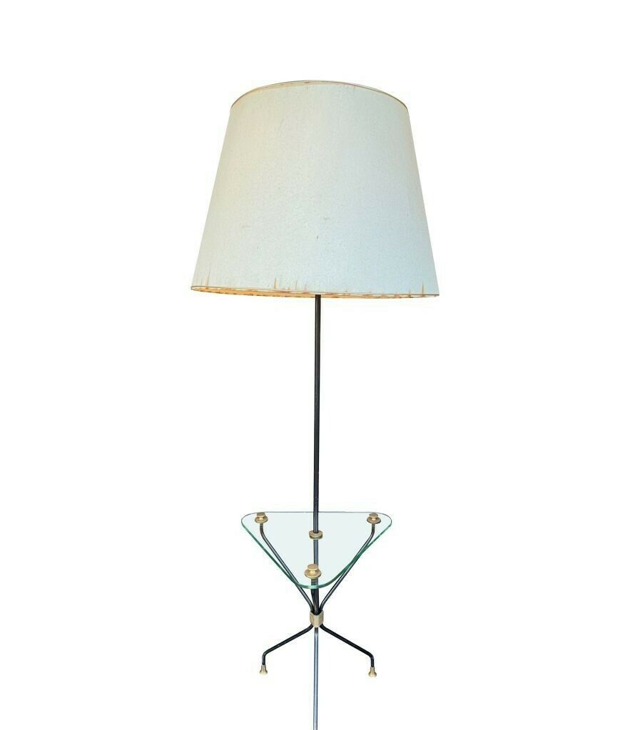 A 1950s French Black Lacquer And Brass Tripod Floor Lamp With Glass Centre