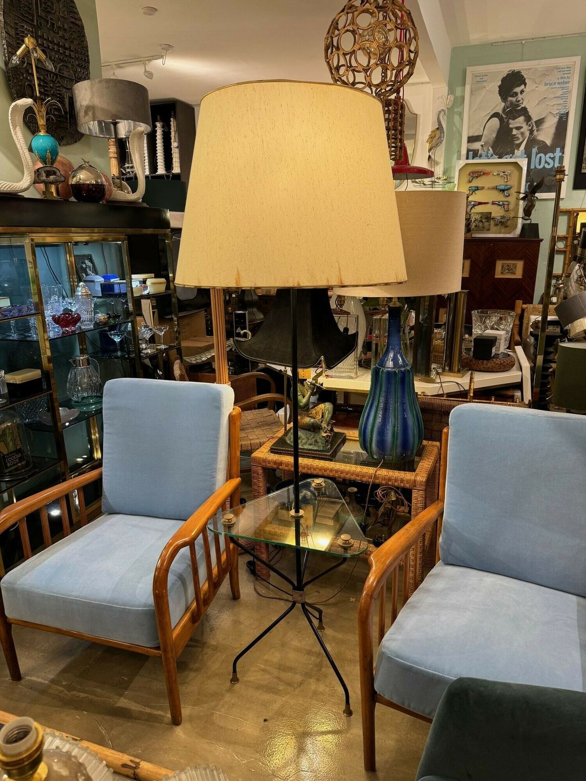 A 1950s French Black Lacquer And Brass Tripod Floor Lamp With Glass Centre photo furniture