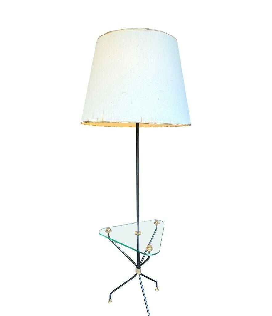 A 1950s French Black Lacquer And Brass Tripod Floor Lamp With Glass Centre photo vintage