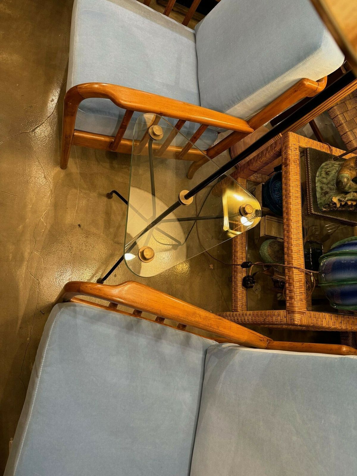 photo for sale A 1950s French Black Lacquer And Brass Tripod Floor Lamp With Glass Centre
