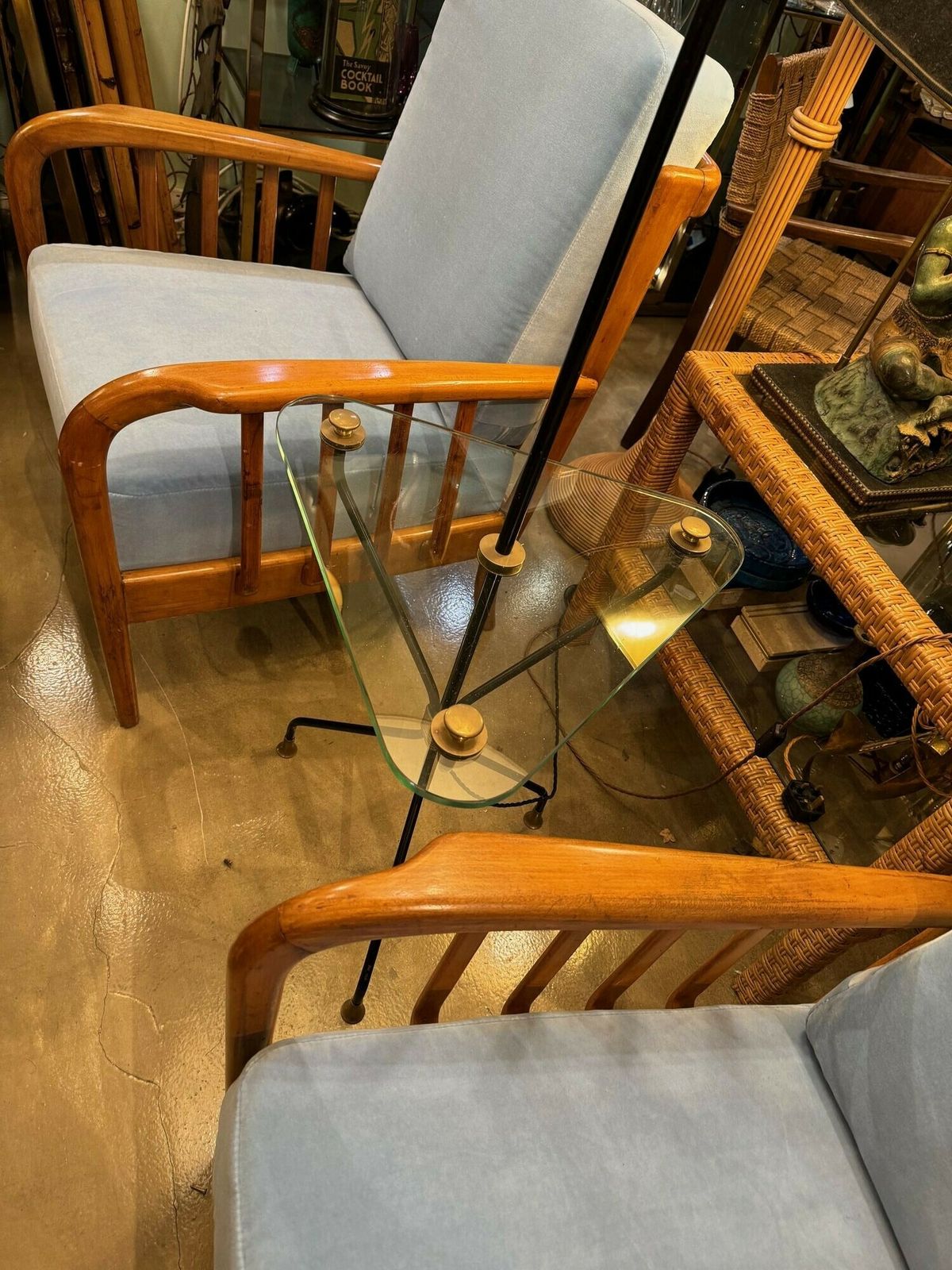Furniture A 1950s French Black Lacquer And Brass Tripod Floor Lamp With Glass Centre photo