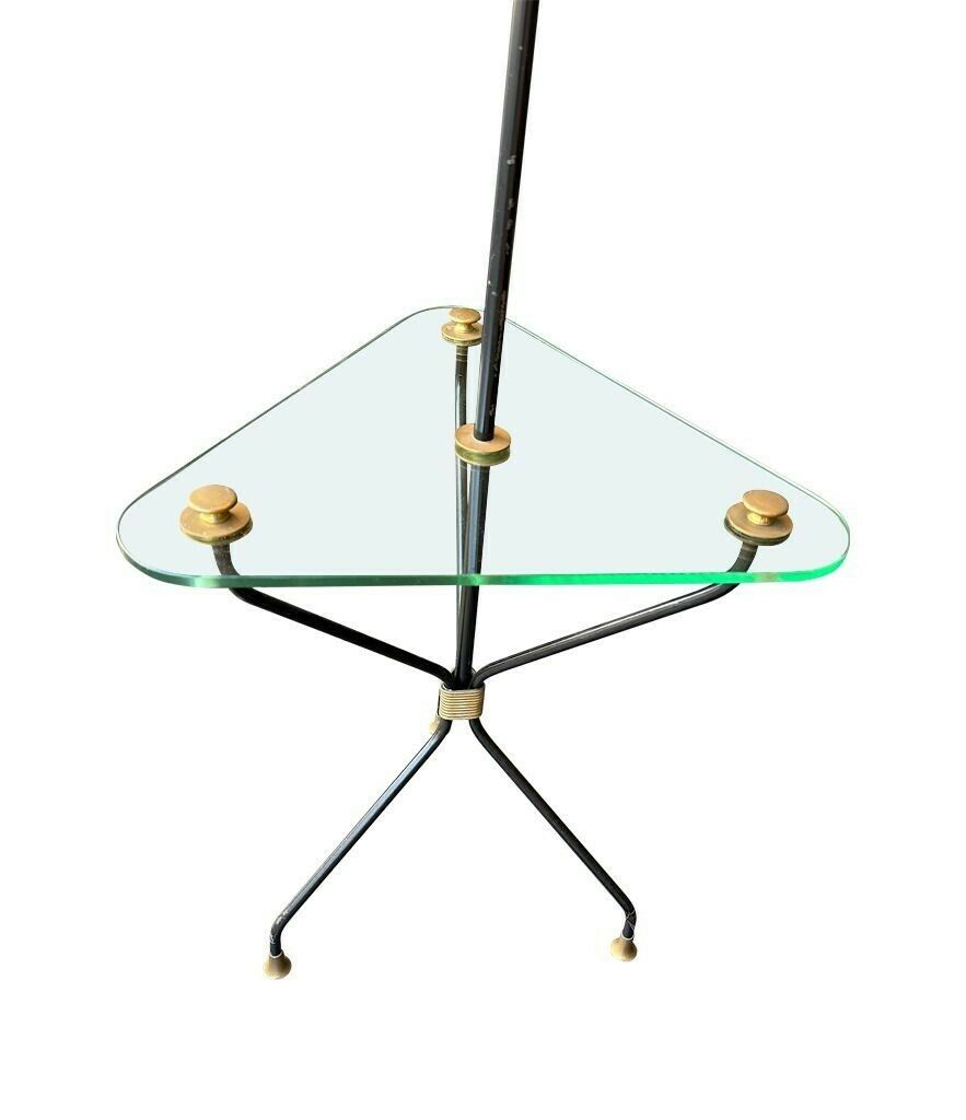 2450.0 A 1950s French Black Lacquer And Brass Tripod Floor Lamp With Glass Centre photo
