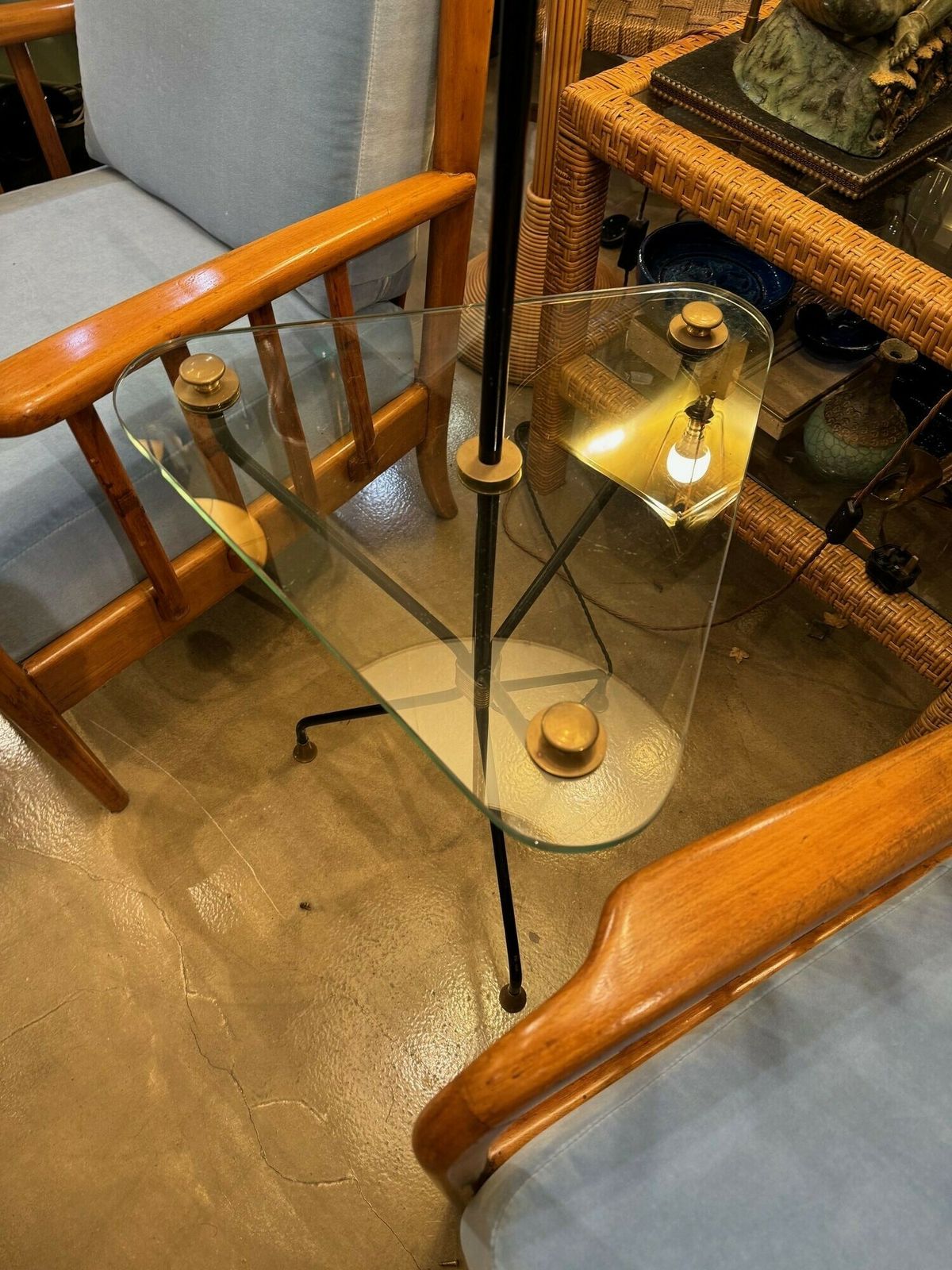 photo buy A 1950s French Black Lacquer And Brass Tripod Floor Lamp With Glass Centre