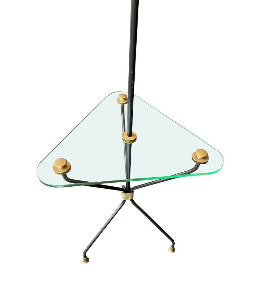 photo vintage A 1950s French Black Lacquer And Brass Tripod Floor Lamp With Glass Centre