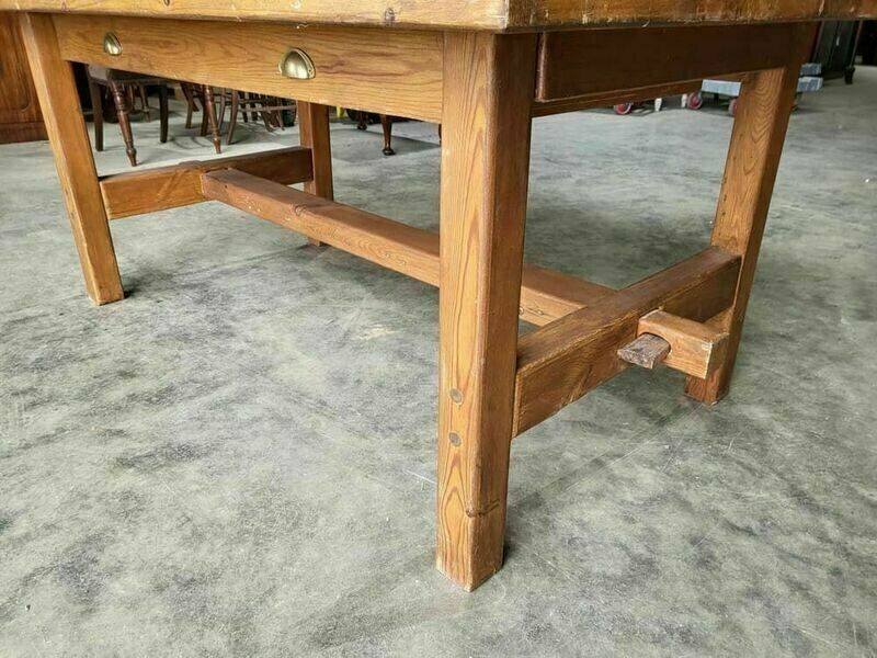 Vintage 20thc Pine Dining Work Table Square Legs Drawers photo Furniture