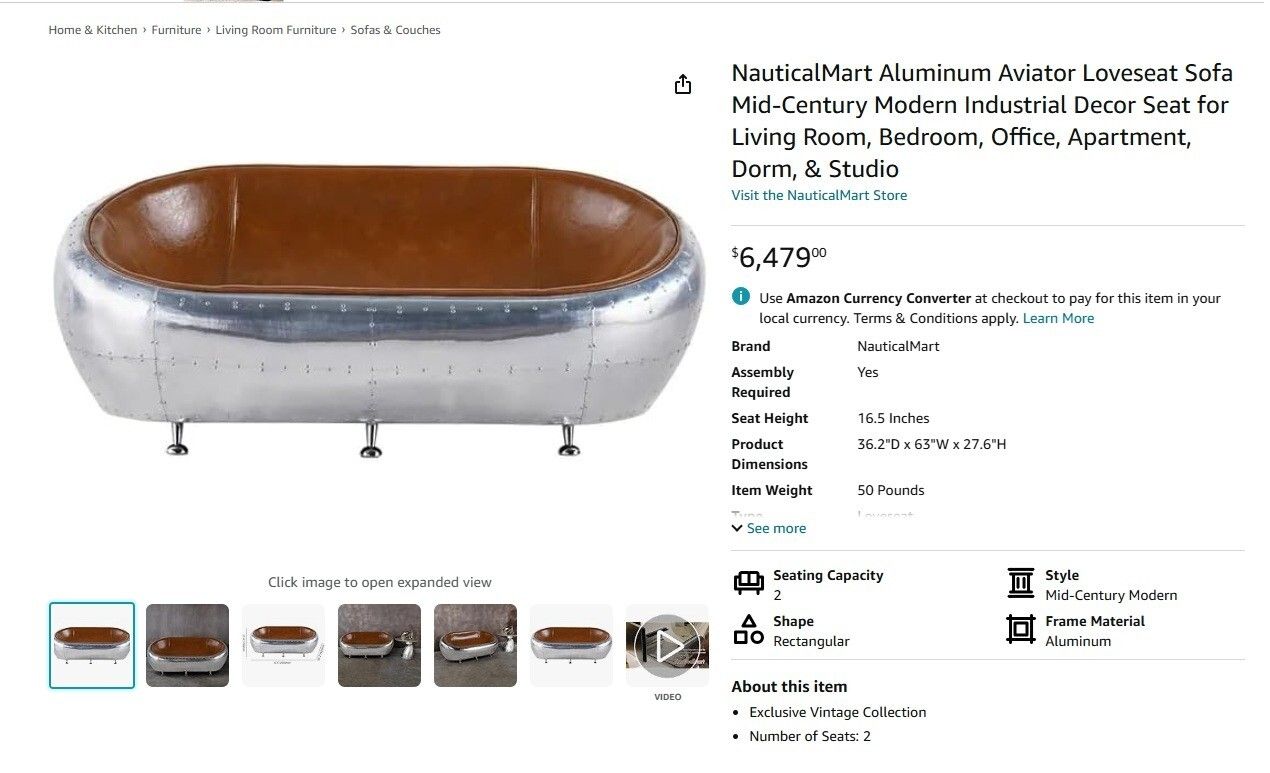 Super Cool Aviator Style Hand Hammered Aluminium & Brown Leather Two Seat Sofa photo furniture