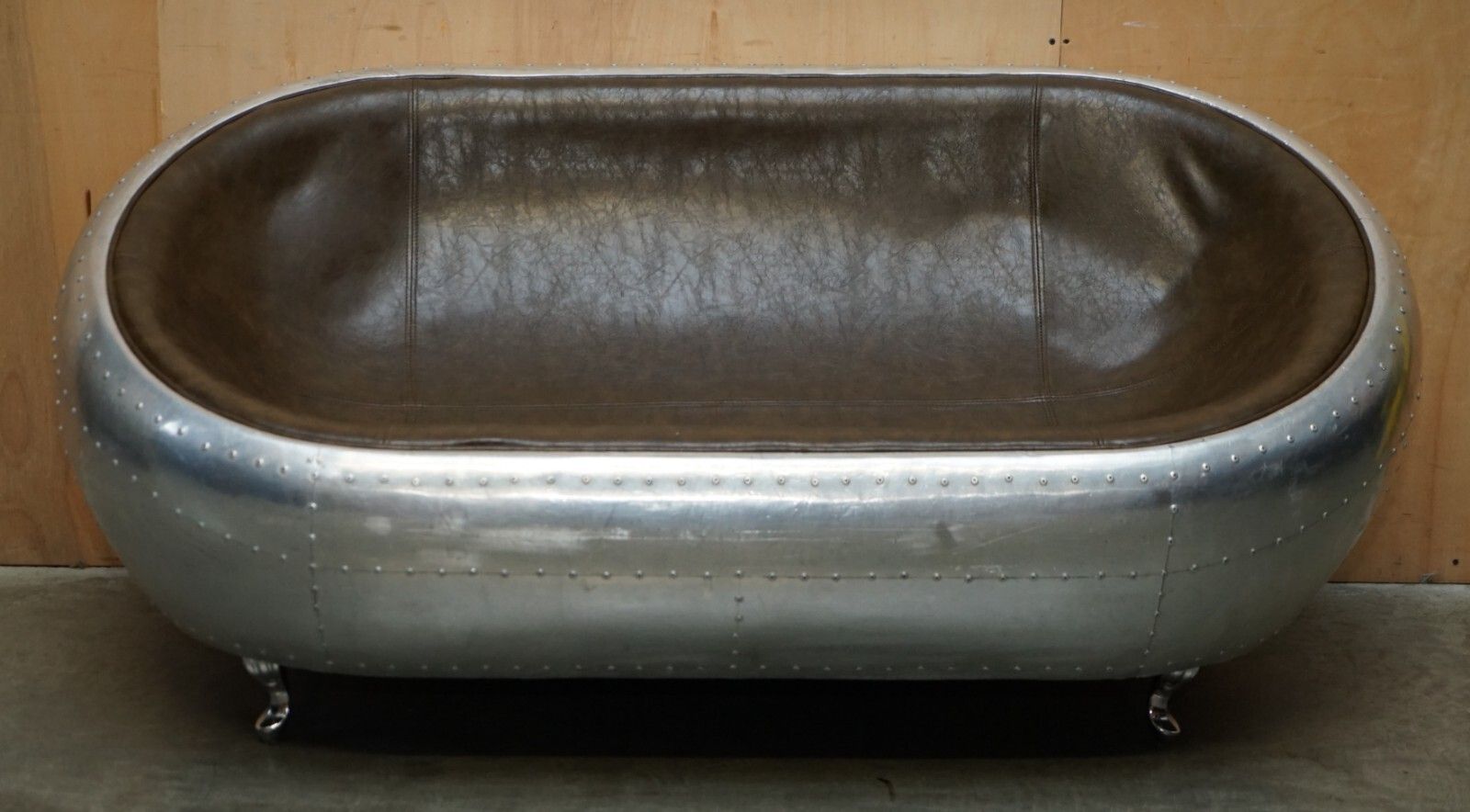 Super Cool Aviator Style Hand Hammered Aluminium & Brown Leather Two Seat Sofa photo Furniture