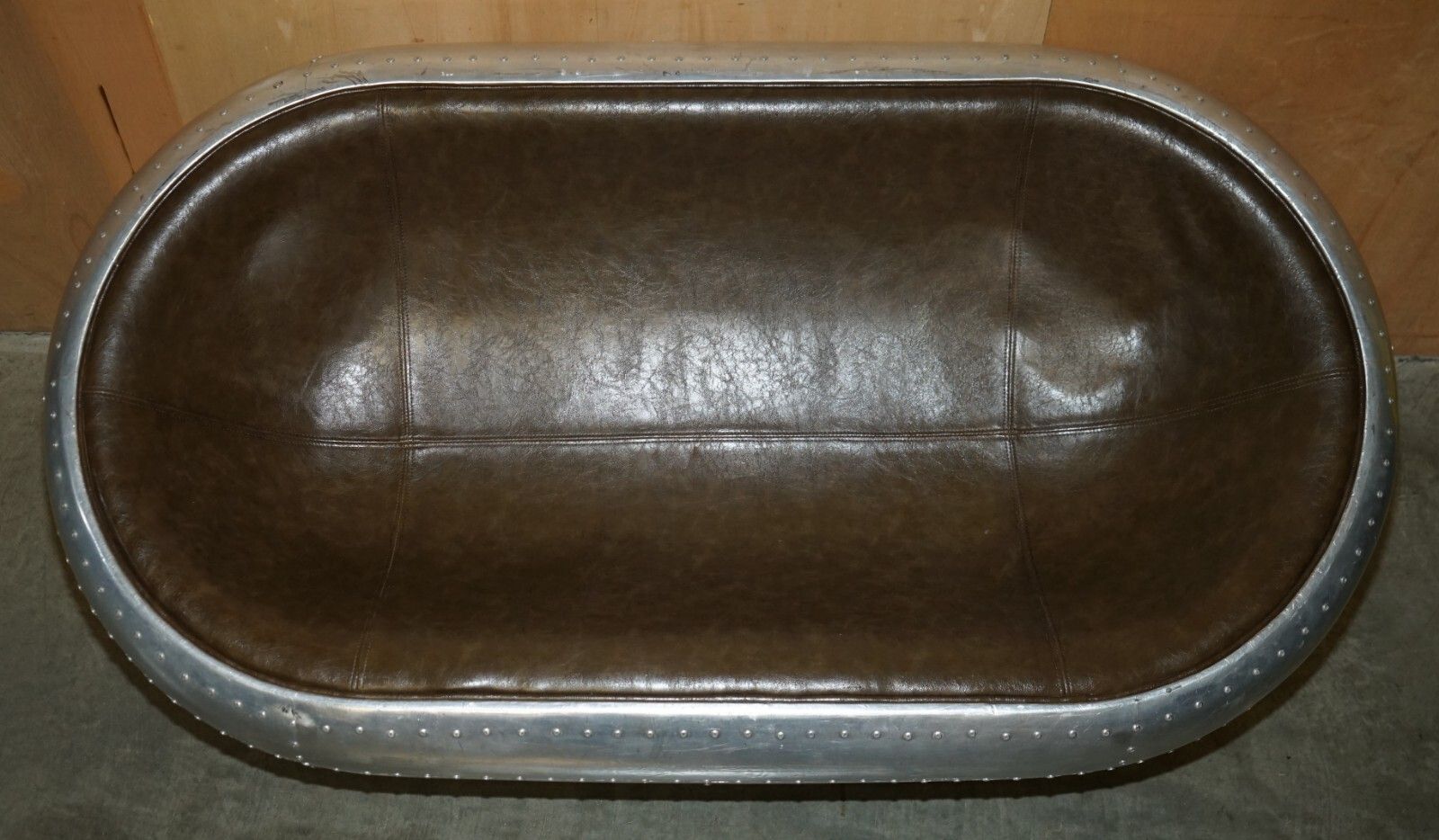 Super Cool Aviator Style Hand Hammered Aluminium & Brown Leather Two Seat Sofa photo 2750.0