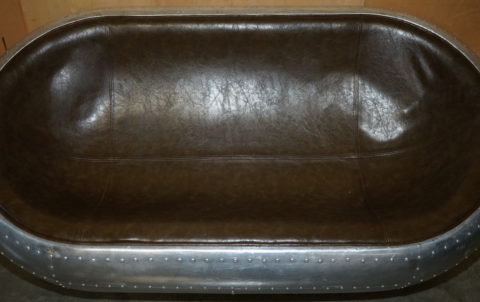 Super Cool Aviator Style Hand Hammered Aluminium & Brown Leather Two Seat Sofa photo buy