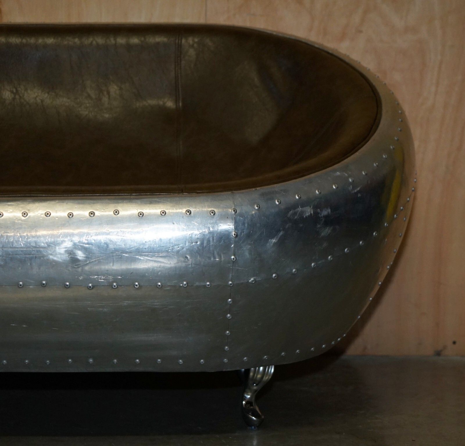 Furniture Super Cool Aviator Style Hand Hammered Aluminium & Brown Leather Two Seat Sofa photo
