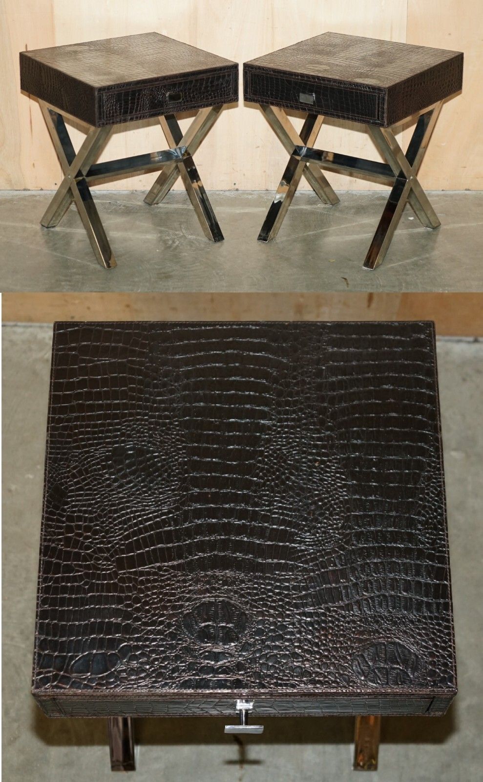 Andrew Martin Style Pair Chrome Crocodile Alligator Leather Patina Side Tables