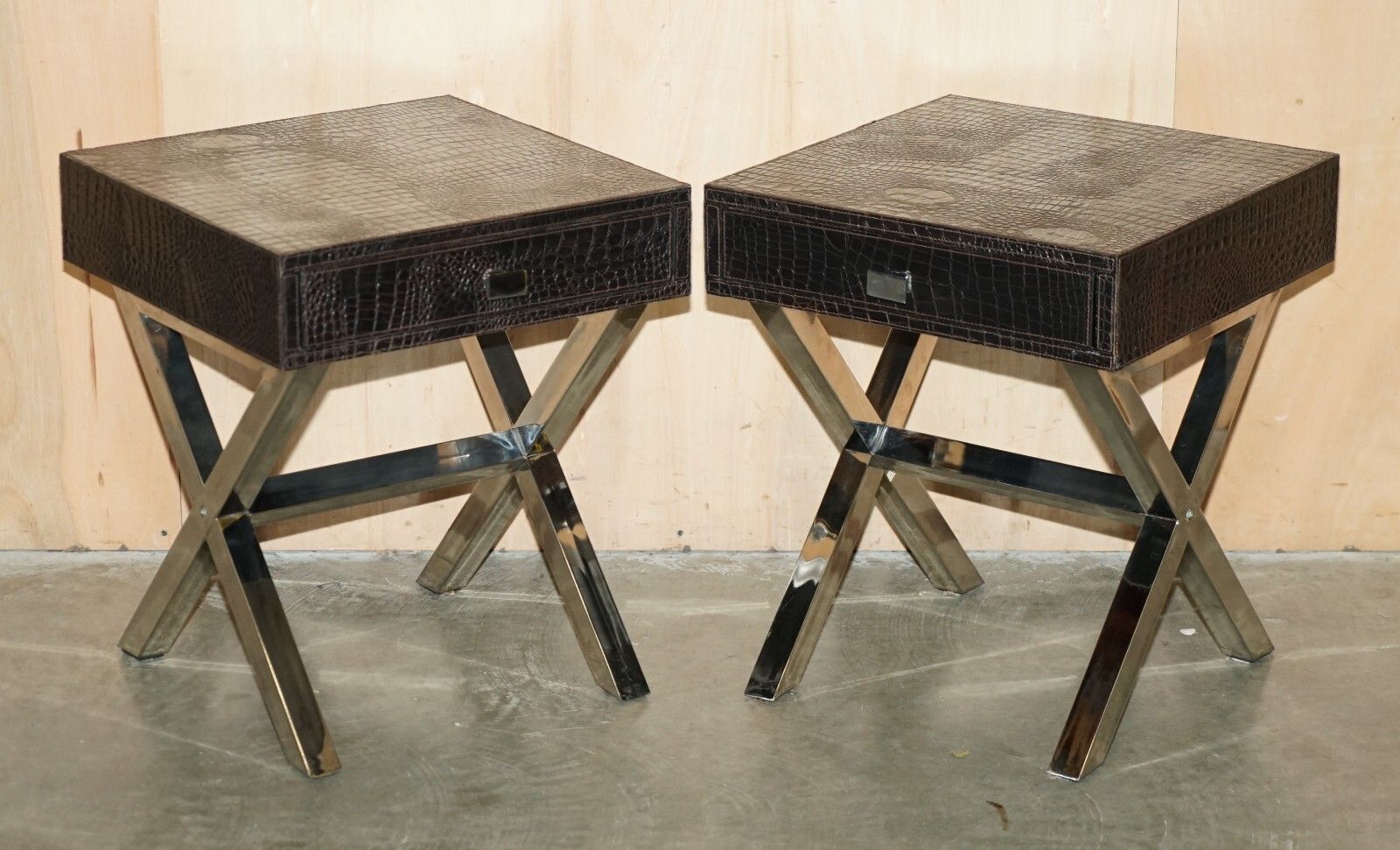 Andrew Martin Style Pair Chrome Crocodile Alligator Leather Patina Side Tables photo furniture