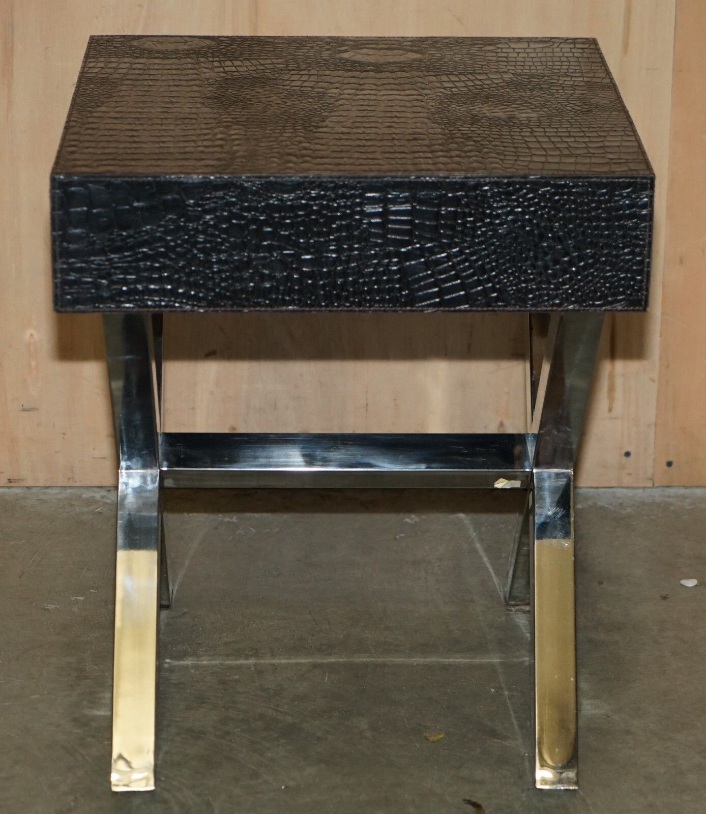Furniture Andrew Martin Style Pair Chrome Crocodile Alligator Leather Patina Side Tables photo