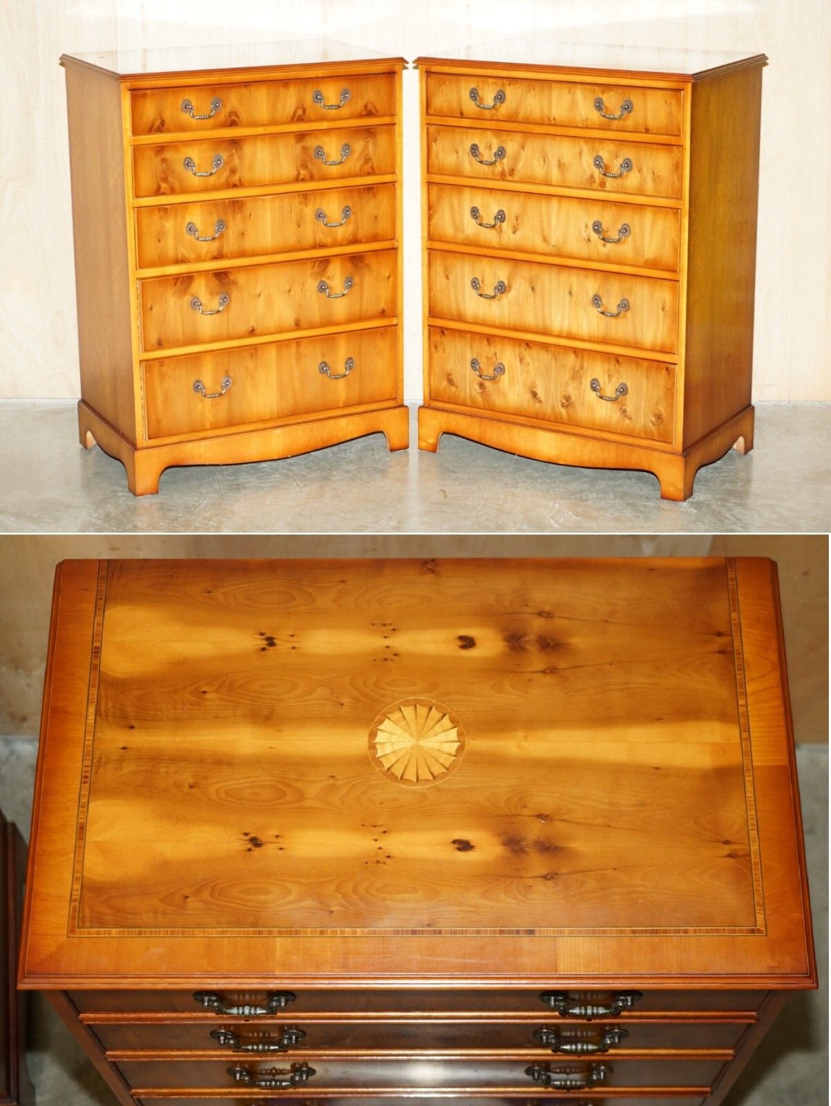 Pair Of Very Large 110cm Tall Sheraton Revival Burr Walnut Chests Of Drawers