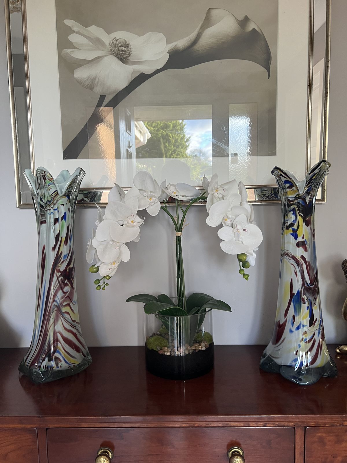 Pair Of Mid Century Murano Style Hand Blown Glass Vases With Multicolor Swirl Pattern photo vintage