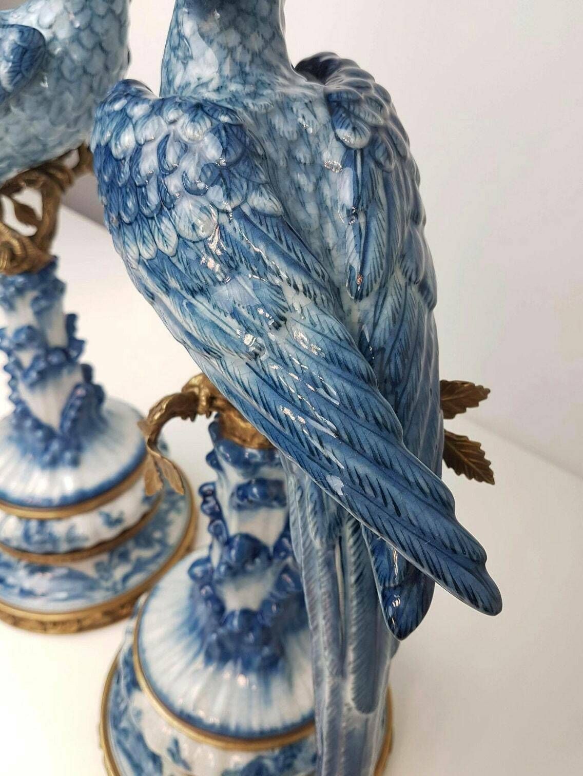 Pair Of Gilt Art Nouveau Style Brass Porcelain Parrot Standing Candlesticks photo Home Decor