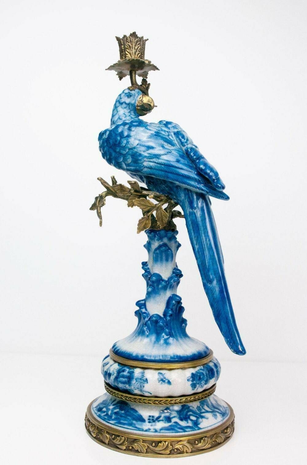photo for sale Pair Of Gilt Art Nouveau Style Brass Porcelain Parrot Standing Candlesticks
