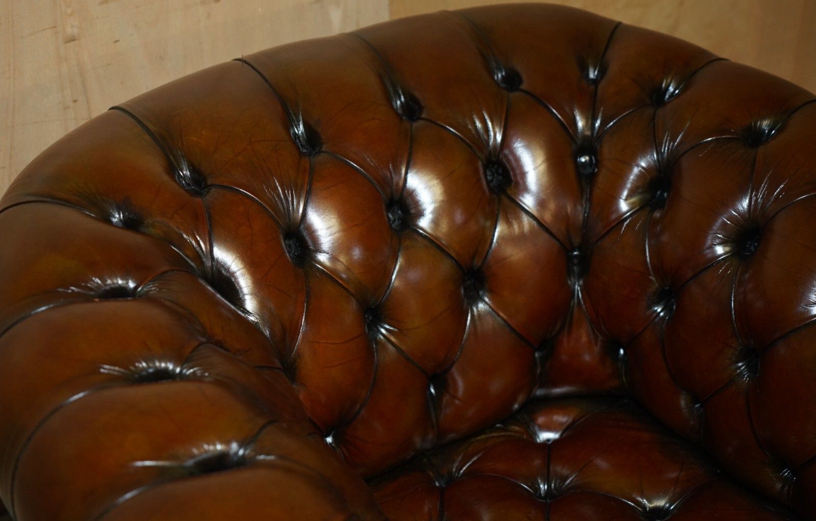 photo furniture Pair Of Vintage Art Deco Restored Brown Leather Chesterfield Tufted Armchairs