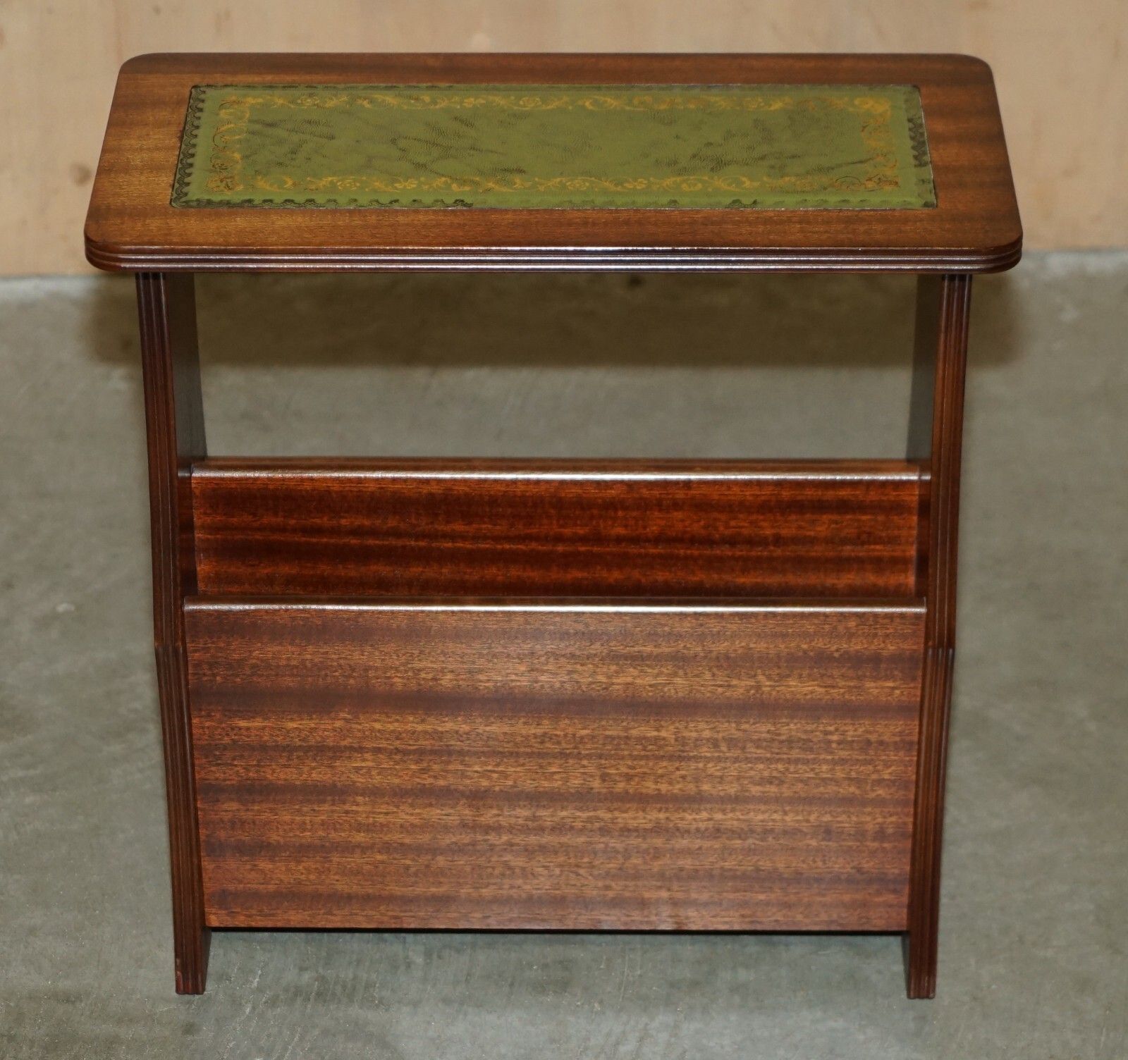 Vintage Green Leather & Flamed Mahogany Side End Wine Table Magazine Rack photo vintage