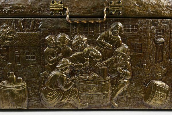 Large Chest Covered With Sculpted Copper Relief, Belgium, 1930s photo Furniture