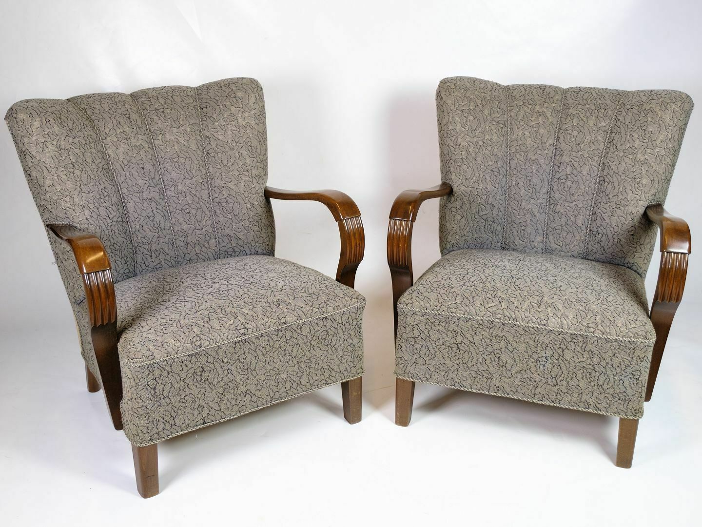 Set Of 2 Armchairs In Polished Dark Wood & Upholstered In Floral Fabric, Danish Design From 1960s