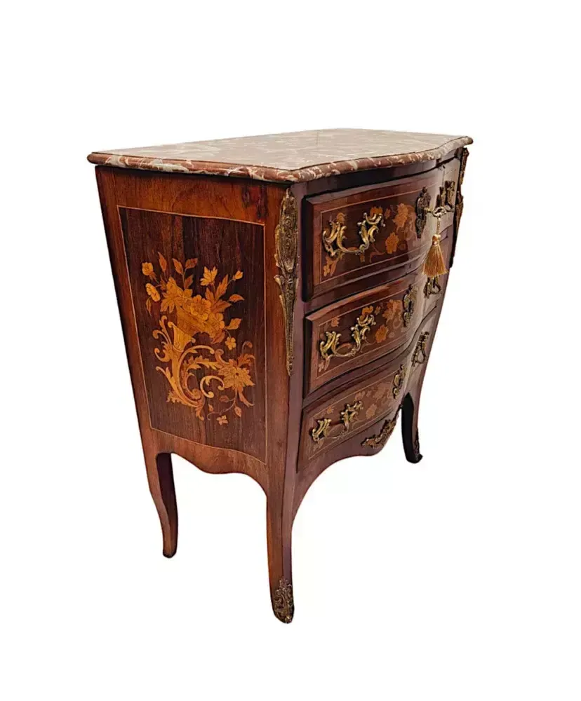 A Stunning Late 19th Century Marquetry Inlaid Marble Top Chest Of Drawers photo for sale